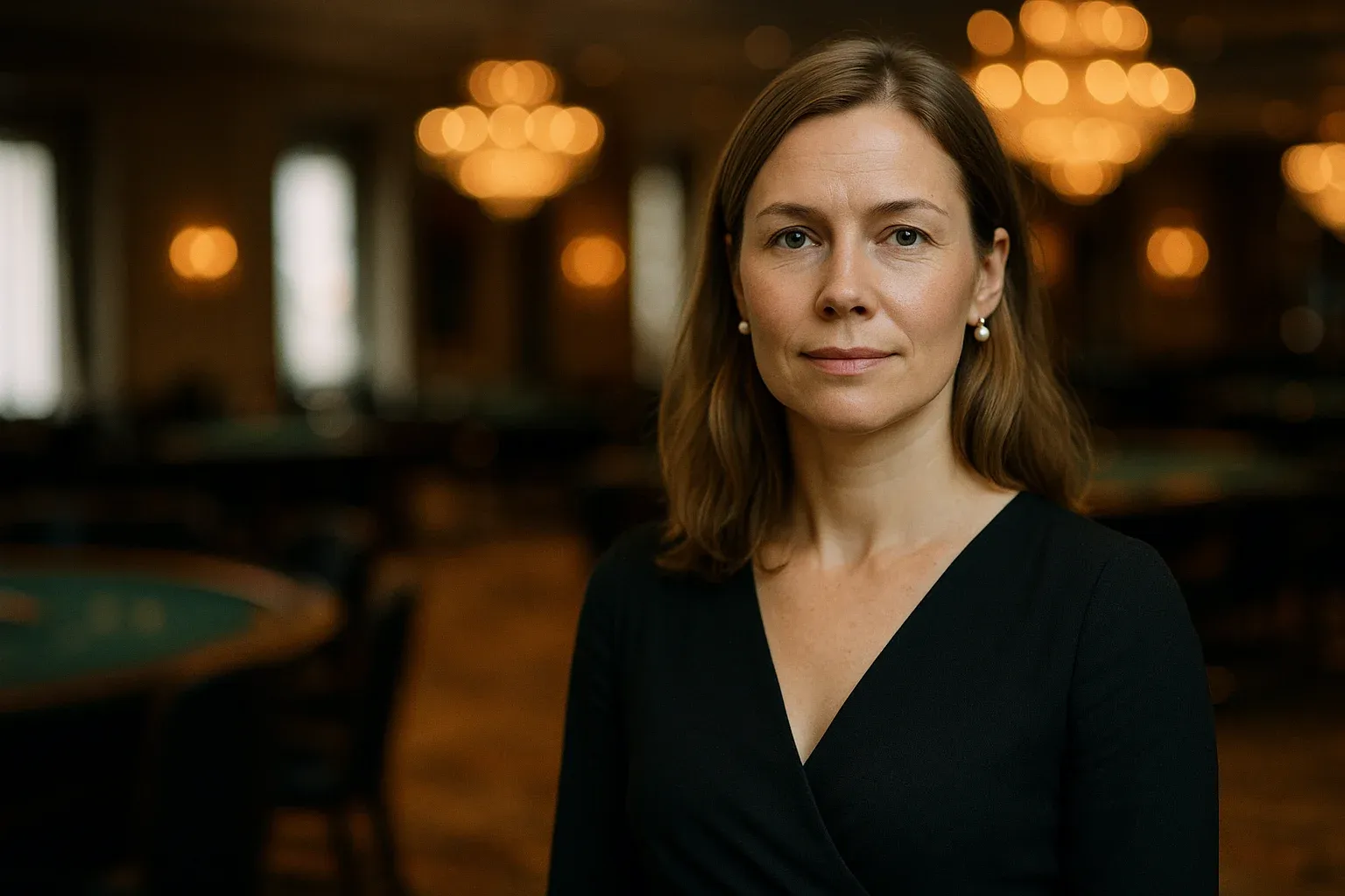 Suomalainen nainen tummassa mekossa kasinolla, taustalla lämmin kattokruunuvalo