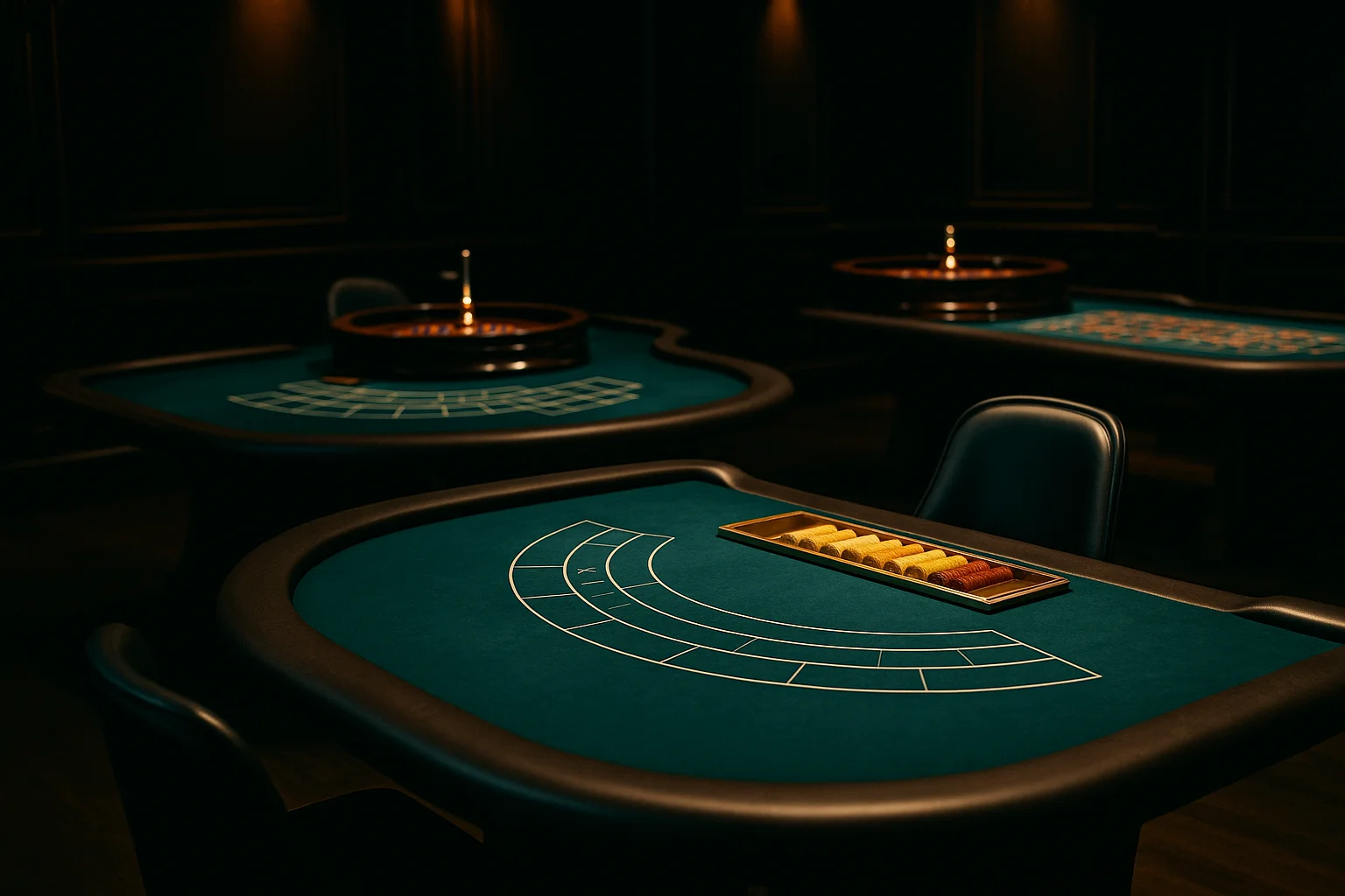 Ylellinen live-kasinostudio, tyhjät blackjack- ja rulettipöydät dramaattisessa valaistuksessa